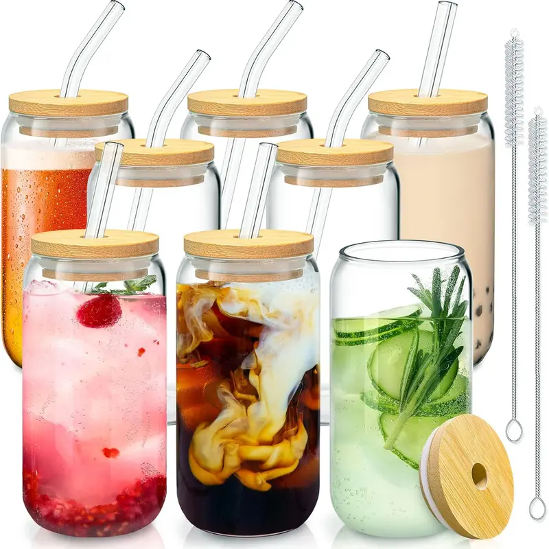 4/6/8 Pcs Glass Cups With Bamboo Lids And Straws,16 Oz Glass Tumbler With Straw And Lid, Ice Coffee Glasses Cute Tumbler Cup Great For Soda Boba Tea Cocktail Include 2 Cleaning Brushes