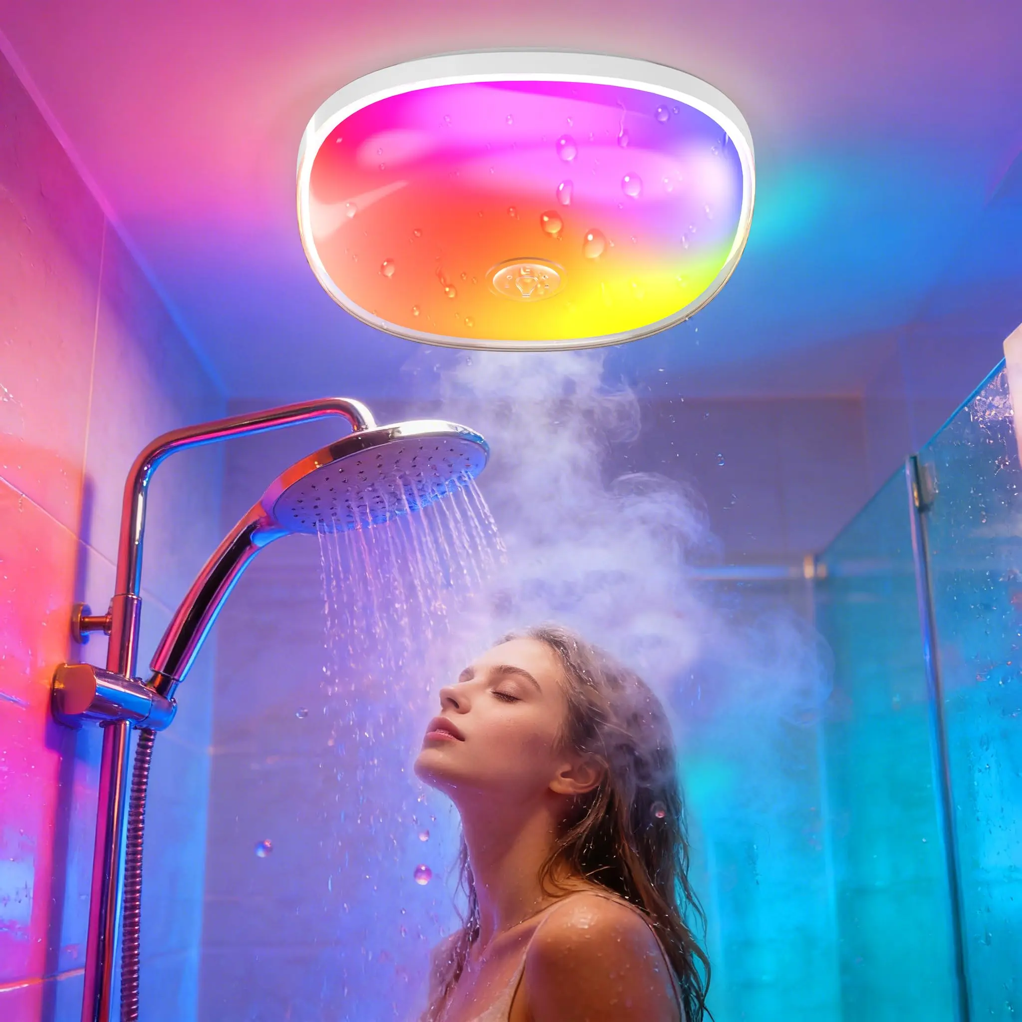 IP65 Waterproof Rechargeable Shower Light - 6″ 300LM Bright, Sixteen Colors Bathroom Mood Lighting with Touch & Remote, Magnetic Wireless Ceiling/Wall Light for Inside Shower/Bathtub