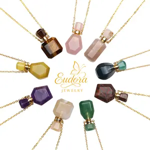 Eudora Essential Oil Diffuser Necklace, Natural Crystal Rose Quartz Perfume Bottle Pendant, Wearable Fluorite Amethyst Aromatherapy for Healing Jewelry Gift