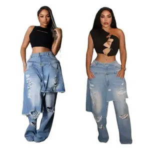 Catch Me If You Can Layered Skirt Pant Cozy Oversized Stylish Denim Women's Wear with Ripped Details and High Waist Fit
