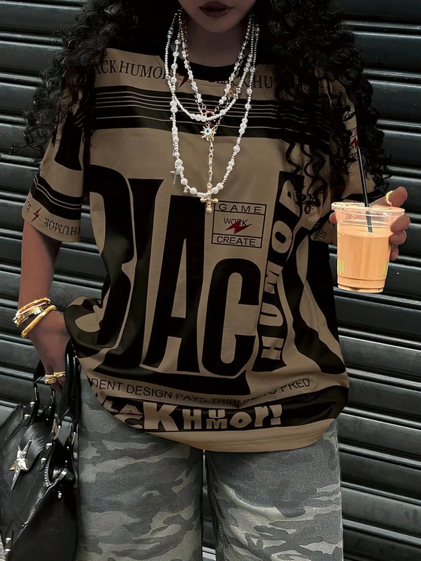 Women's Loose Fit Streetwear Vibe All-Over Printed Tee, Game Work Create Design, Perfect for Casual Wear & Daily, Womenswear
