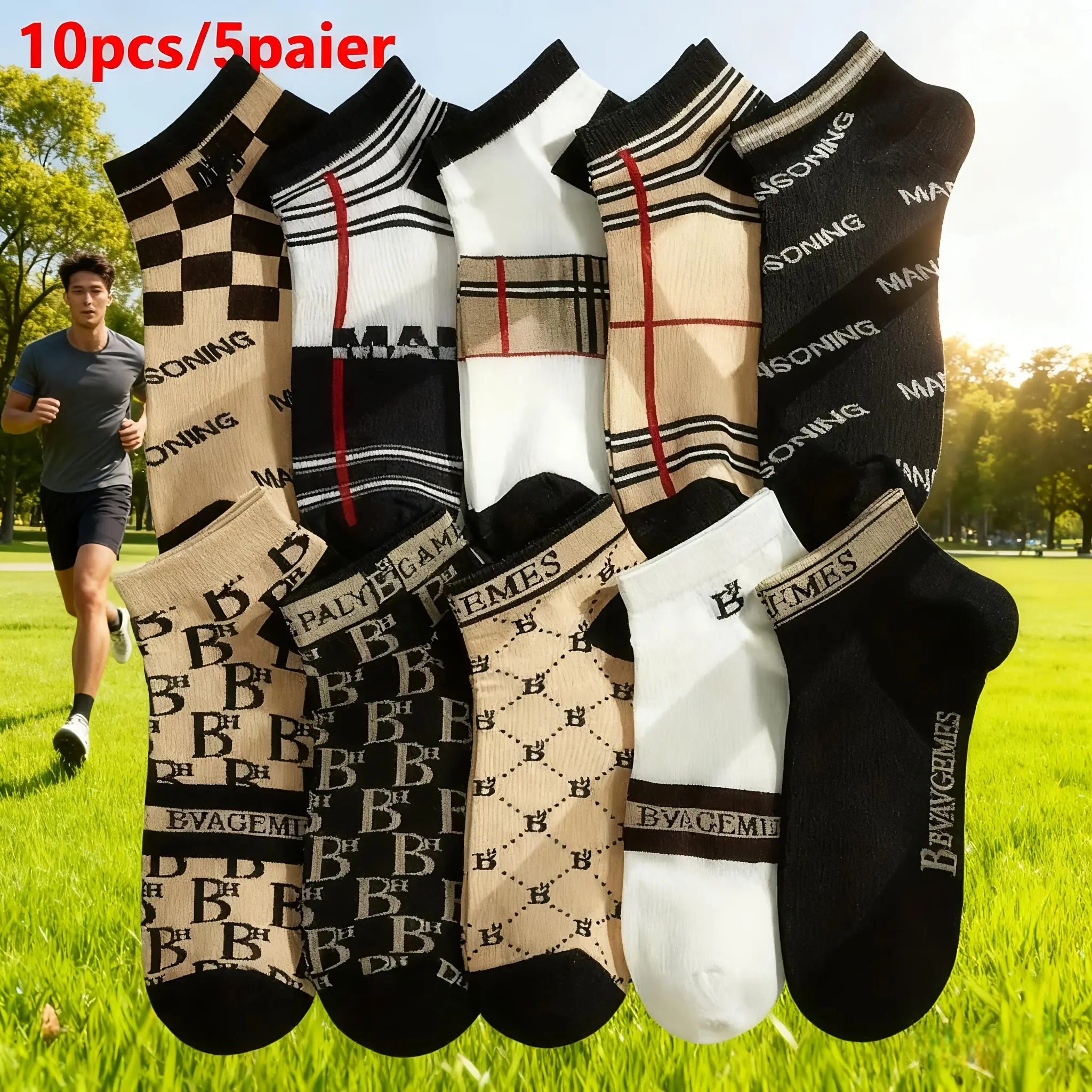 Men's 10-Pair Track Socks, Casual Solid Color Thin Knit, Soft & Breathable Polyester-Cotton Blend for Daily Universal Wear, Male