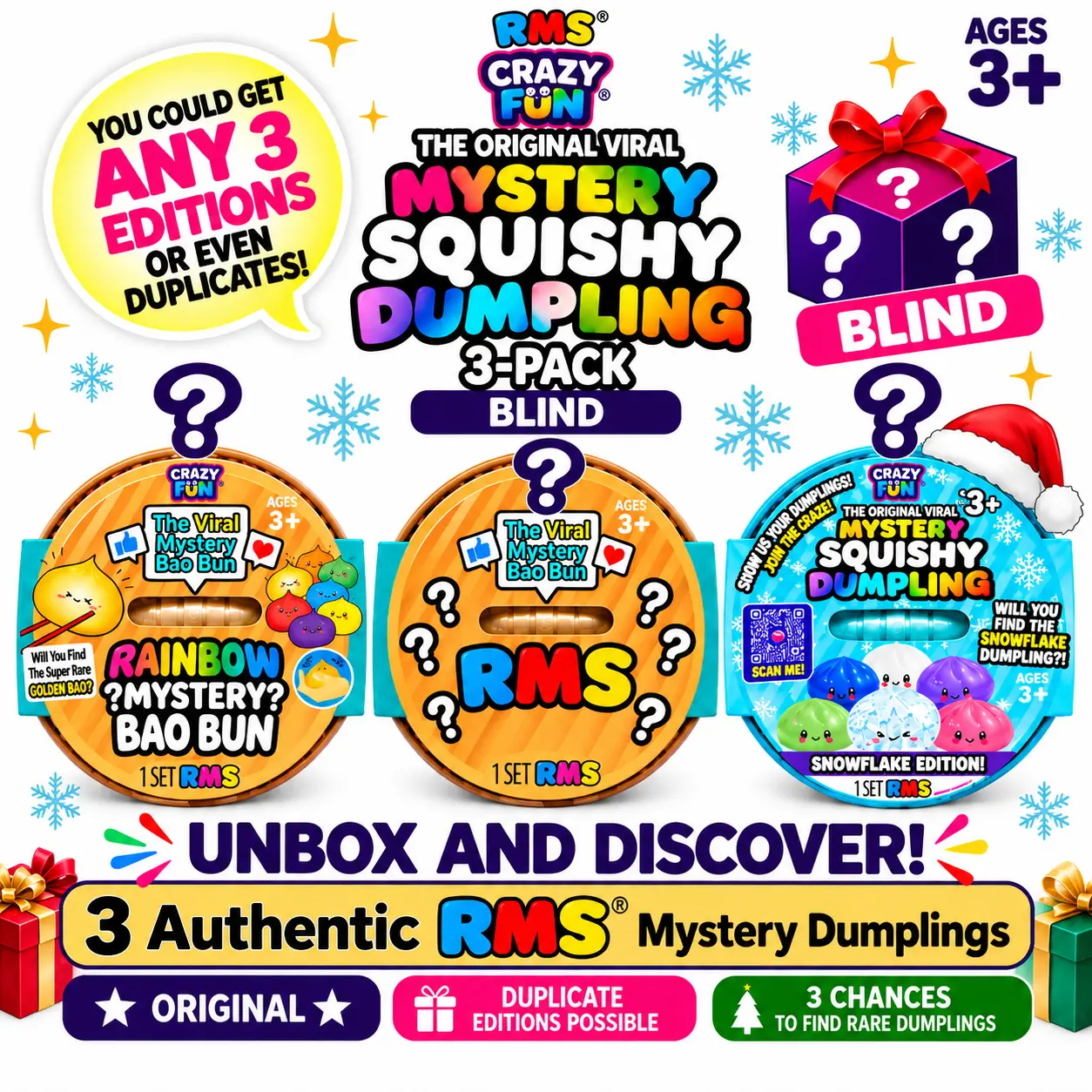 Authentic RMS Mystery Dumplings Blind 3-Pack – 3 Sealed Mystery Squishies, Random CRAZY FUN RMS Editions – Glitter, Rainbow, Color Change, Snowflake, Invisible & More. Duplicates Possible, Specific Editions & Rares Not Guaranteed, Mystery Dumpling Squishy
