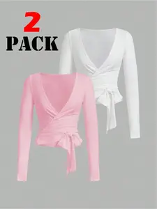 Winter Yoga Fitness, Elastic Soft V-Neck Long Sleeve Slim Fit T-Shirt Set, Open Front Tie Waist Wrap Top Two-Piece, Yoga Clothes Set