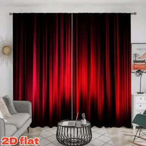 2D Flat 2Pcs Red Black Curtain Panels, Gradient Light Beam Print Window Curtains, Modern Abstract Style Semi-Shading Drapes for Living Room Home Decor, Anti-Privacy, Home Decorative Curtain, Upgrade Curtain