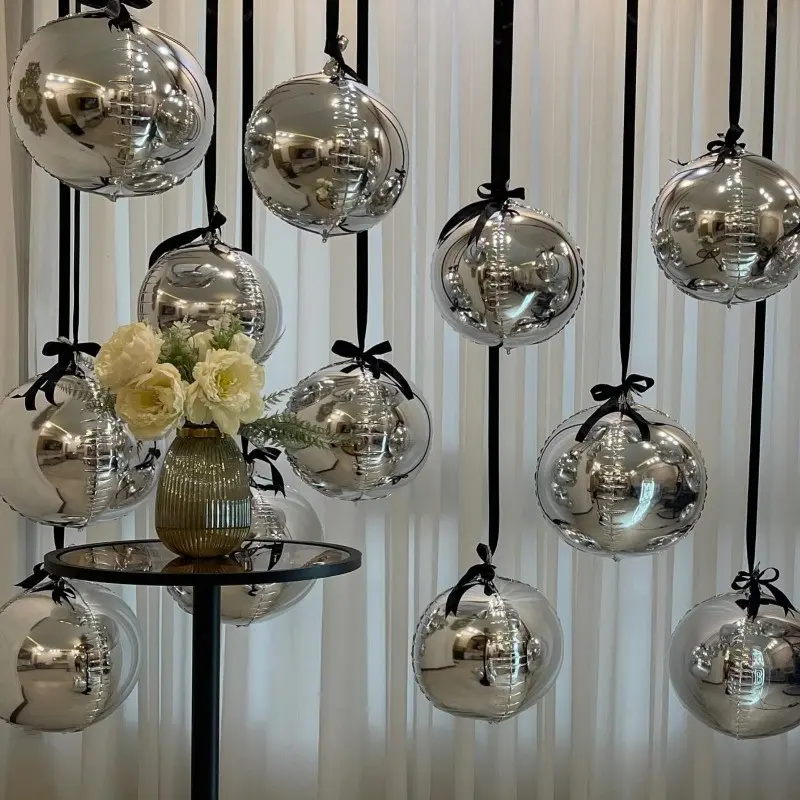 12-Pack Silver Mirror Ball Aluminum Foil Balloons Set, Includes 25m Decorative Ribbon, 25.4cm (10 Inch) Size, Balloon Party Supplies, Balloon Garland, Balloon Arch Decoration, Perfect for New Year, Birthday, Wedding, Party Balloons Decorations