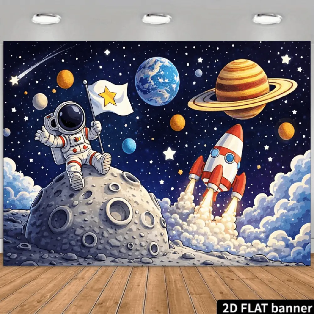 1PC,2D Flat Backdrop Astronaut Rocket Planet Starry Sky Backdrop, Space Adventure Theme Party Decoration, Universe Themed Party Background Cloth, For Kids' Birthday Party, Festival Decoration, Scene