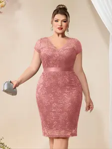 Missmay V-Neck Full Lace Formal Dress, High Waist Slim Fit, Short Sleeve, Elegant Design, Perfect for Weddings, Business, Birthdays, Graduations