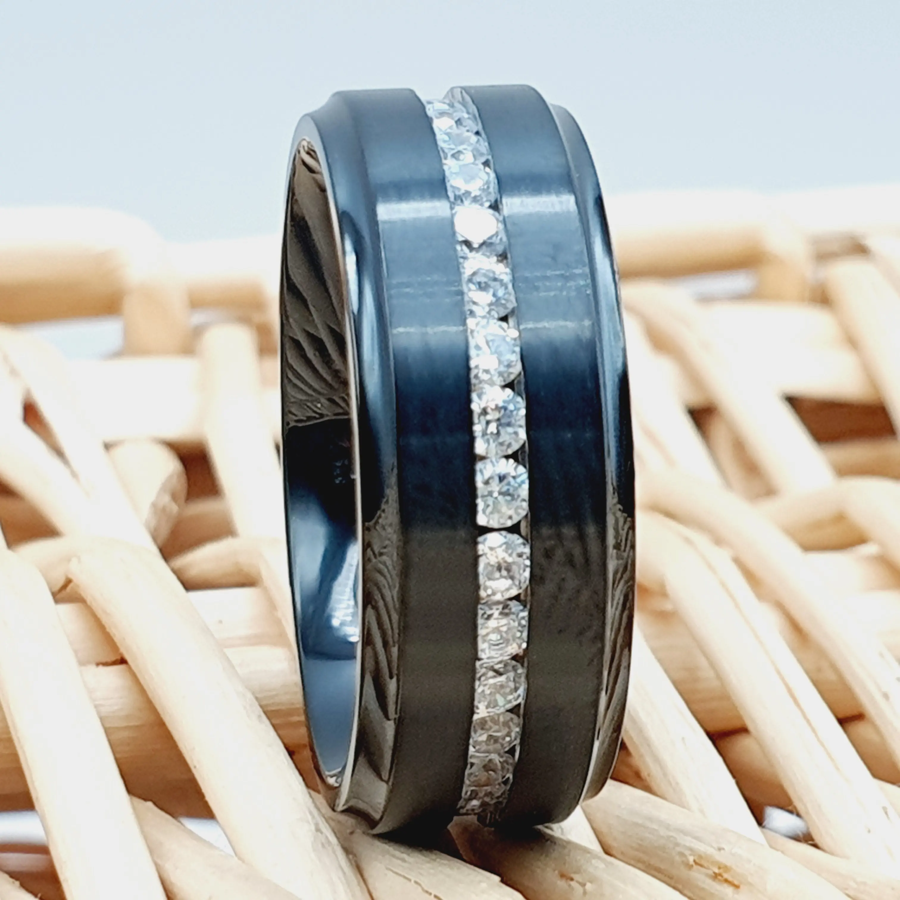 Black Titanium Wedding Ring with Men's Diamond for Couple Engagement