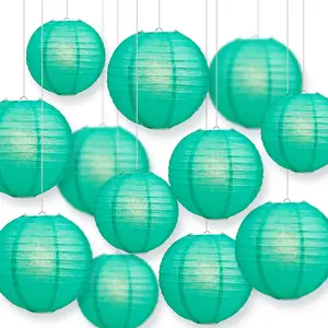 12-PC Teal Green Paper Lantern Decoration Set, 12/10/8-Inch
