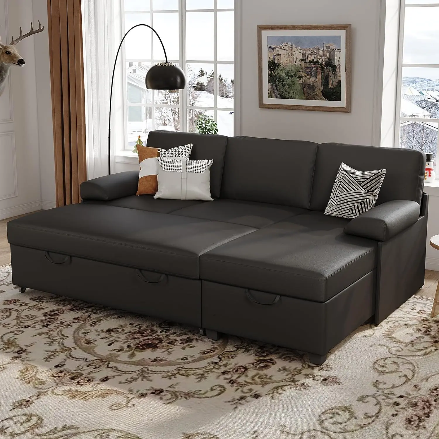 80 inch Convertible Sectional Sofa, L-Shaped Sofa with Reversible Chaise, Sleeper Couch Bed with Storage, Removable Armrest, Modern Pull Out Bed for Living Room Bedroom