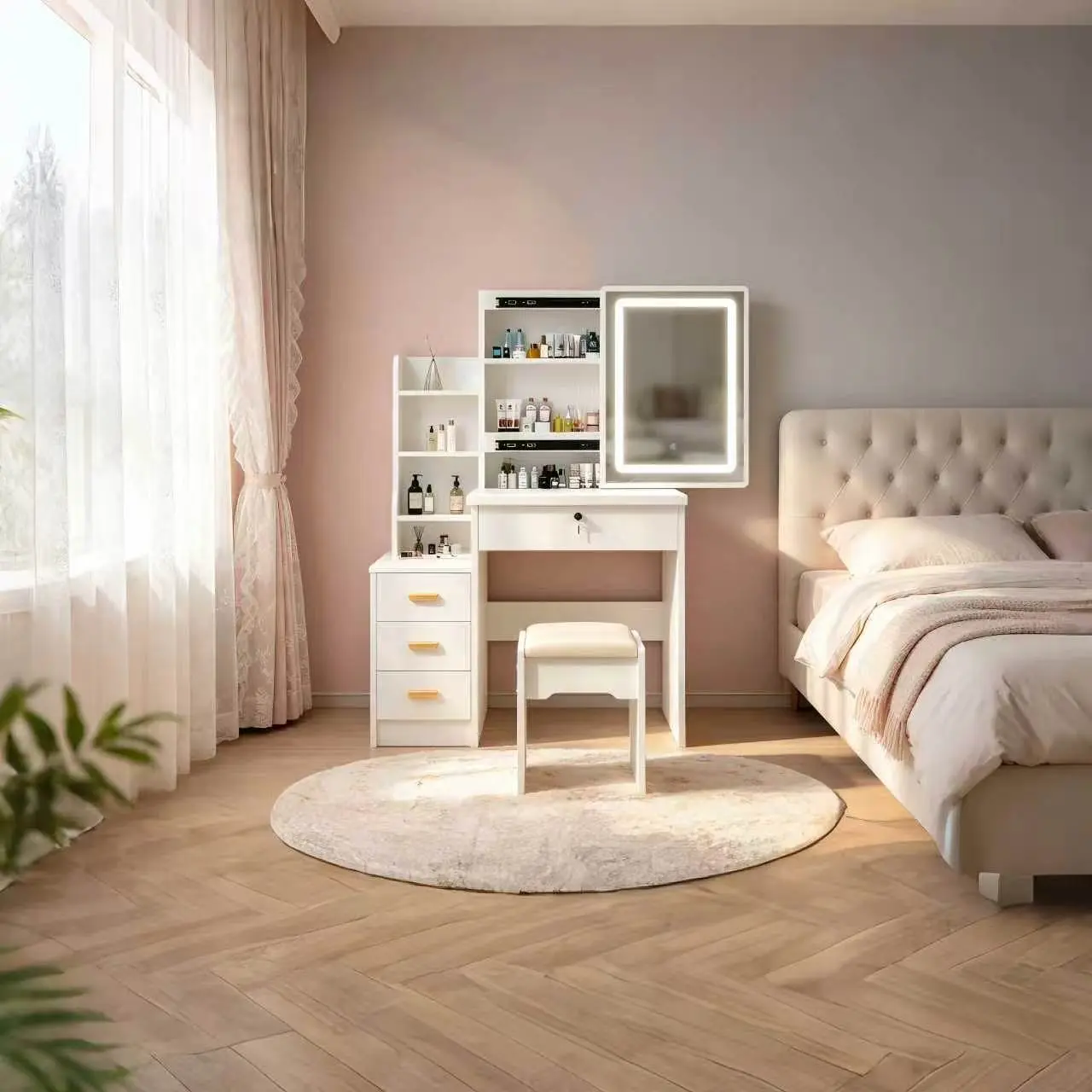 White Makeup Vanity Set with Lighted Mirror, Drawers, 3-Tier Shelves and Stool - Large Storage Indoor Furniture Dressing Table for Bedroom light