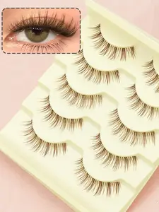 5 pairs of brown natural false eyelashes, fluffy and soft, 3D mink fiber material, elongated and silky smooth, suitable for everyday work meetings and other occasions, comfortable to wear and perfectly blends with natural lashes. Handmade, extended length