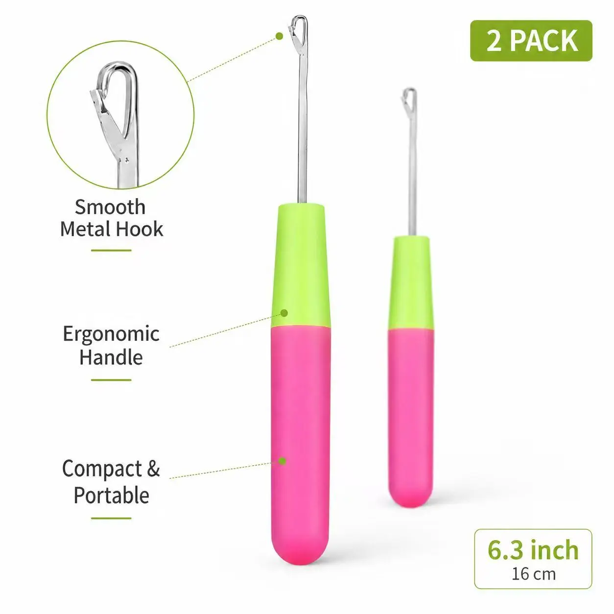 Latch Hook Tool Set, 2-Pack Metal Crochet Hooks with Comfortable Grip for Hair Extensions and Crafting, Helps Reduce Hand Fatigue, Craft Projects, 2Pc, Latch Tools, Comfortable Grip Handle