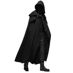 Medieval Vintage Hooded Loose Black Cloak Coats Windproof Trench Chic Winter Long Cape Poncho Mens Monk Cosplay Clothes Costumes Menswear