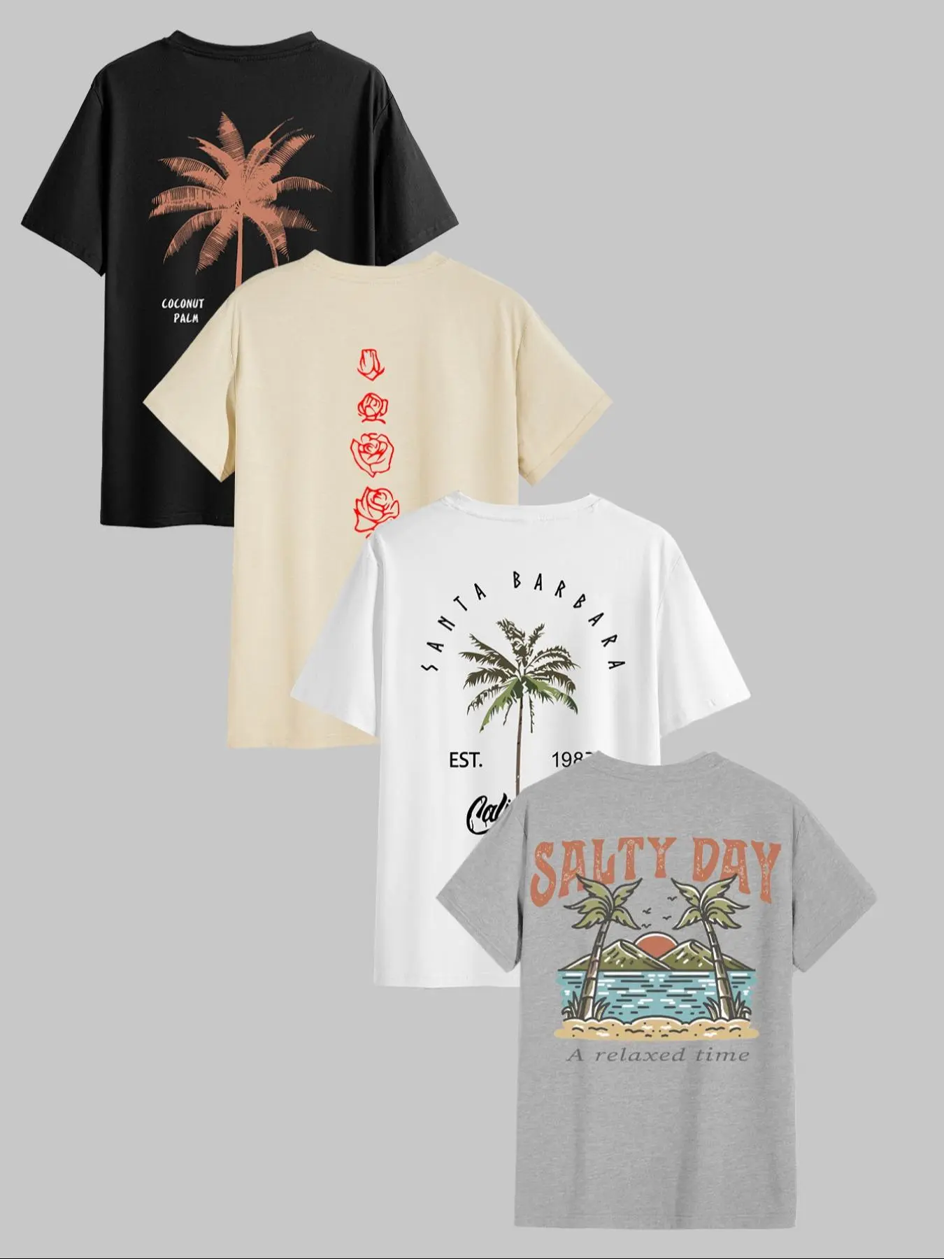 Men's Letter & Tropical Palm Tree Print Short Sleeve Round Neck T-Shirt, Casual Summer Clothing Comfy Loungewear for Daily Wear, All Seasons