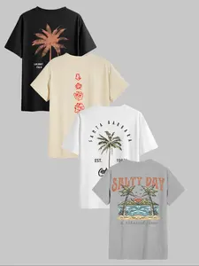Men's Letter & Palm Tree Print Short Sleeve Loungewear Tee, Casual Comfy Round Neck T-shirt for Daily Wear, Men's Sleepwear & Loungewear for All Seasons