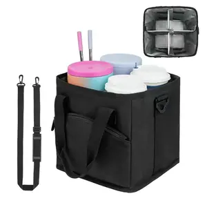 Family 4-Compartment Drink Bag Heavy-Duty Nylon Tumbler Caddy for Hiking Walking with Large Front Pocket & Adjustable Divider