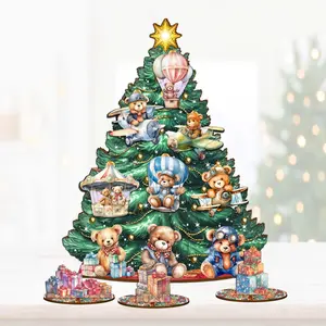 Designocracy 8091508 12.5 in. Magical Wooden Teddy Bear Thematic Christmas Tree Tabletop Decoration Set, Festive Ornaments & Room Accessories
