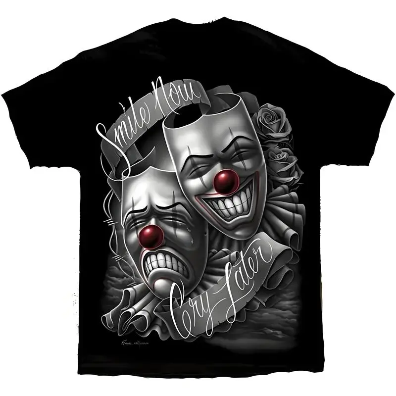 [100% cotton]DGA drama mask Lowrider Chicano art smile Now Cry Later David Gonzales casual loose comfortable t-shirt Black Crewneck