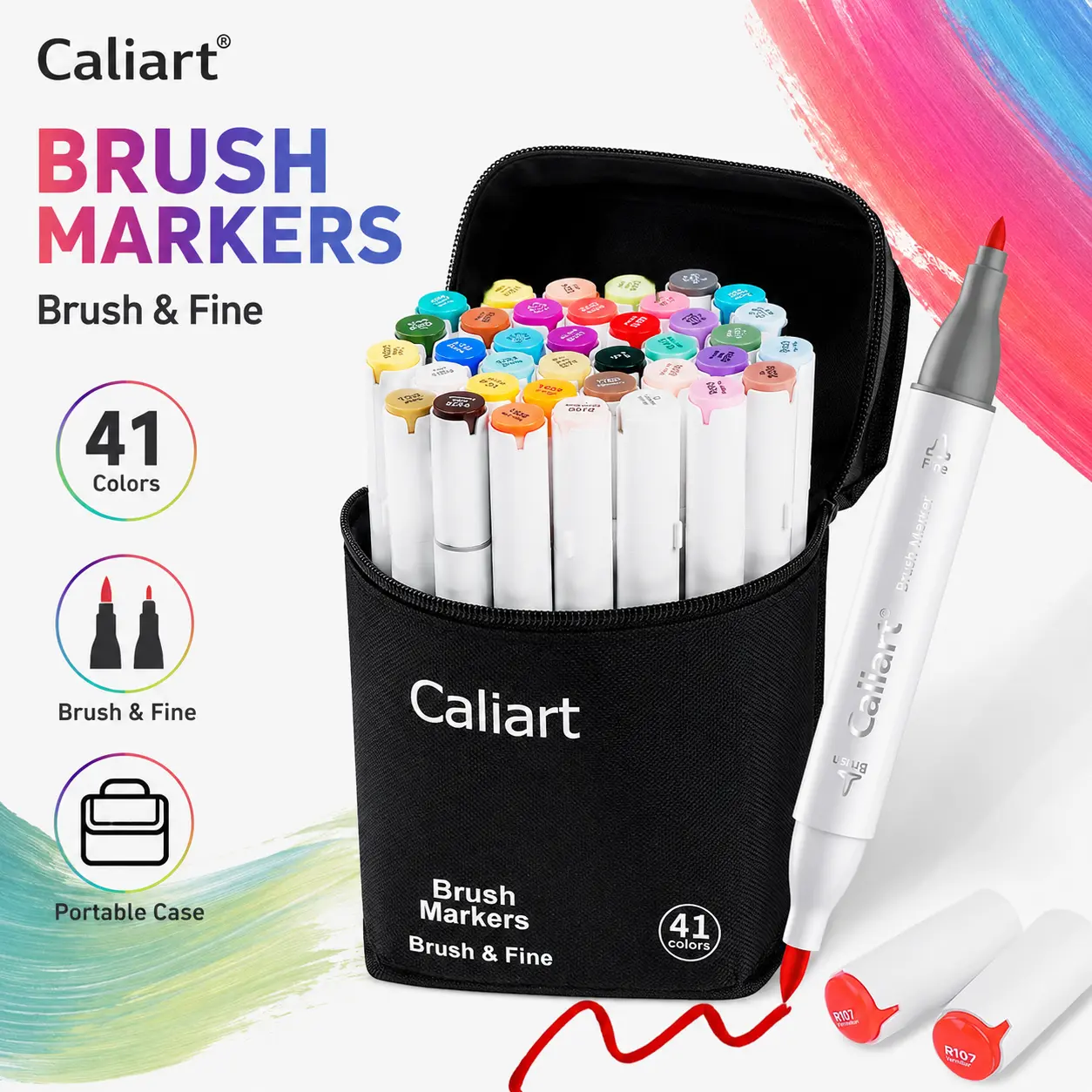 Caliart Official 41-Colors Alcohol Based Art Markers Dual Tip Fine & Chisel Permanent Set - Alcohol Markers for Adults Book Coloring, Scrap Booking, Traveling - Office Art Supplies, Friends