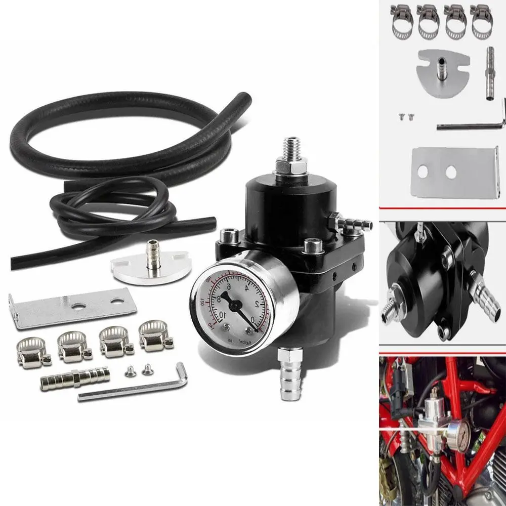Aluminum Universal Adjustable Fuel Pressure Regulator Kit, 0-140PSI Gauge + Fitting + Hose, Black, Premium Alloy, Easy Installation for Car Performance Upgrade