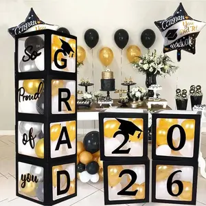 2026 Graduation Party Decoration Black Balloon Boxes with Letters 2026 Grad & So Proud of You and 20 pcs Ballons