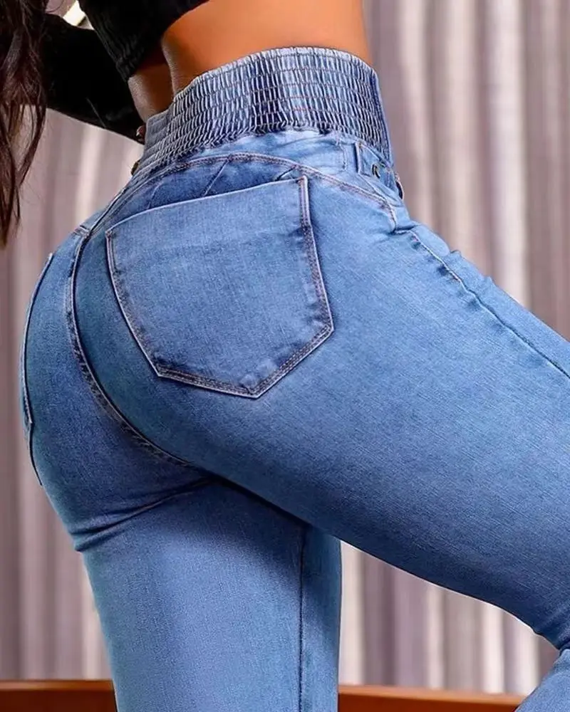 CHICME 2026 Women's Back Shirred Button Front Jeans High Waist Pants with Pockets/High Waist Button Front Shirred Jeans