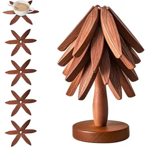 Novel Wooden Tree-Shaped Insulating Mat Set, 4 Wooden Mats + 1 Stand, Foldable Home Kitchen Mat for Hot Dishes, Pots, Bowls, Teapots, Wooden Coasters