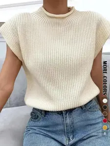 Women's Plain Soft Roll Trim Mock Neck Sweater Vest, Casual Solid Sleeveless Knit Top for Spring & Fall, Women's Knitwear for Daily Wear