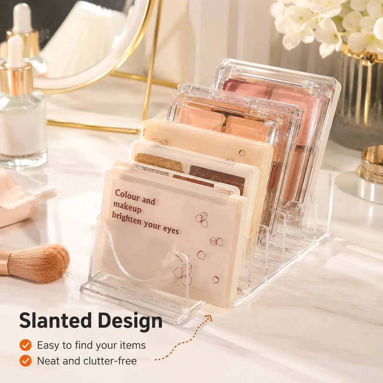 1 Count, Clear Acrylic Makeup Palette Organizer, Beveled Design Wide Spaced Slots Cosmetic Storage Holder for Eyeshadow Blush Powder Palettes on Vanity Countertop