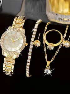 A luxurious full diamond bracelet watch set for women, featuring a quartz wristwatch and an exquisite set, Elegant Jewelry Set
