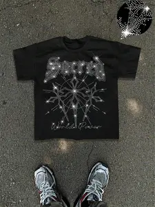 Men's Casual Short Sleeve T-Shirt, Dark Graphic Print with Rhinestones, Fitted Long Style, Perfect for Streetwear & Livehouse