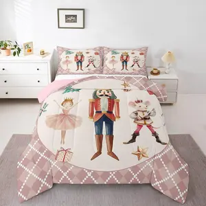 Christmas Nutcracker Bedding Set,Cartoon Xmas Tree Comforter Set,Pink Buffalo Plaid Down Comforter,Guarder Soldier Ballet Bed Set