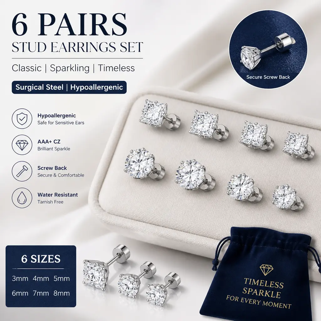 Titanium Flat Back Earrings Set - Hypoallergenic Surgical Steel Screw Back Studs, Round/Square/Princess Cut CZ, Earrings for Sensitive Ears, High Quality Nickel-Free Cartilage Jewelry for Women (Summer Sale, Mid Year Sale, Restock Deals), High Quality Ear