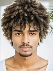 Dreadlock Wig Dreadlock Hair 3 Inch Short Afro Curly Dreadlock Wigs for Men Ombre Light Brown Faux Locs Twist Braiding Synthetic Hair Wigs Natural Looking Wig