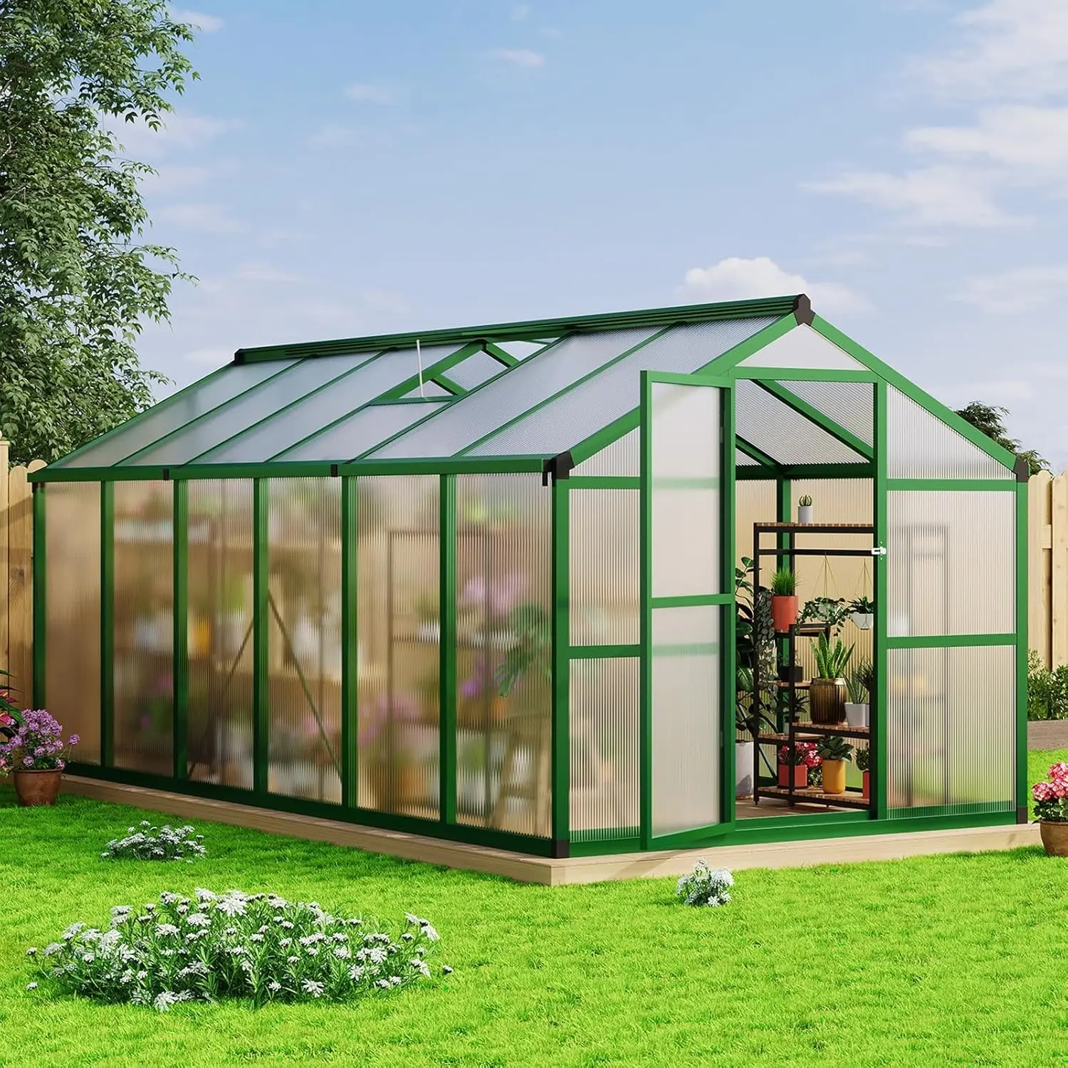 Heavy Duty Rectangular 8x12 FT Outdoor Garden House - Polycarbonate, Aluminum Frame, Roof Vents, Walk-in Single Unit for Garden, Backyard