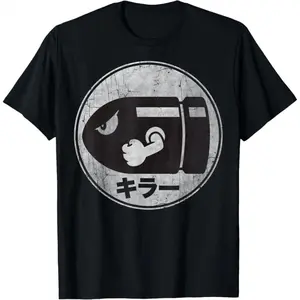 Cotton Super Mario Bullet Bill Distressed Kanji Logo T-Shirt