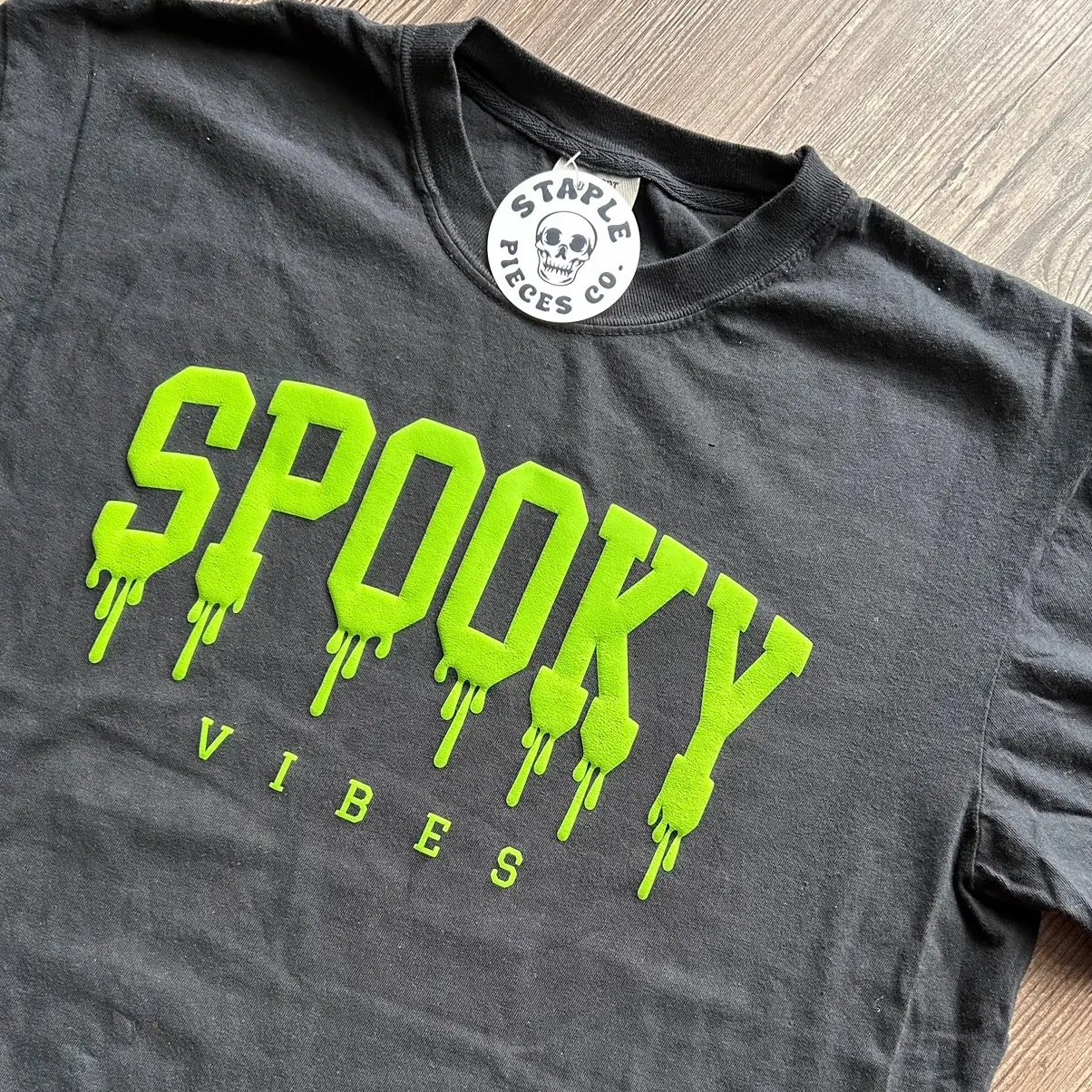 Spooky Vibes T-Shirt - Casual Tshirt with Puff Text, Loose Fit, Short Sleeve, Unisex