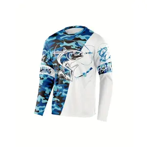 Men’s camouflage and fish graphic print sun protection rash guard shirt, active long-sleeve crew neck for fishing, hiking, and outdoor activities