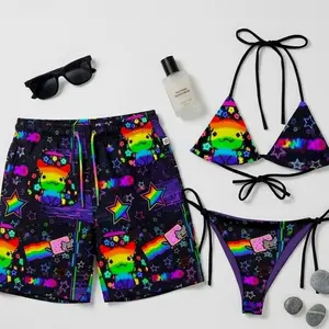 Matching Couple Y2K Scene Rave Rainbow Bikini & Swim Trunks – Custom Cyber Graphic Swimsuit Set, Emo Alternative Festival Beachwear, Summer Pool Party Outfit