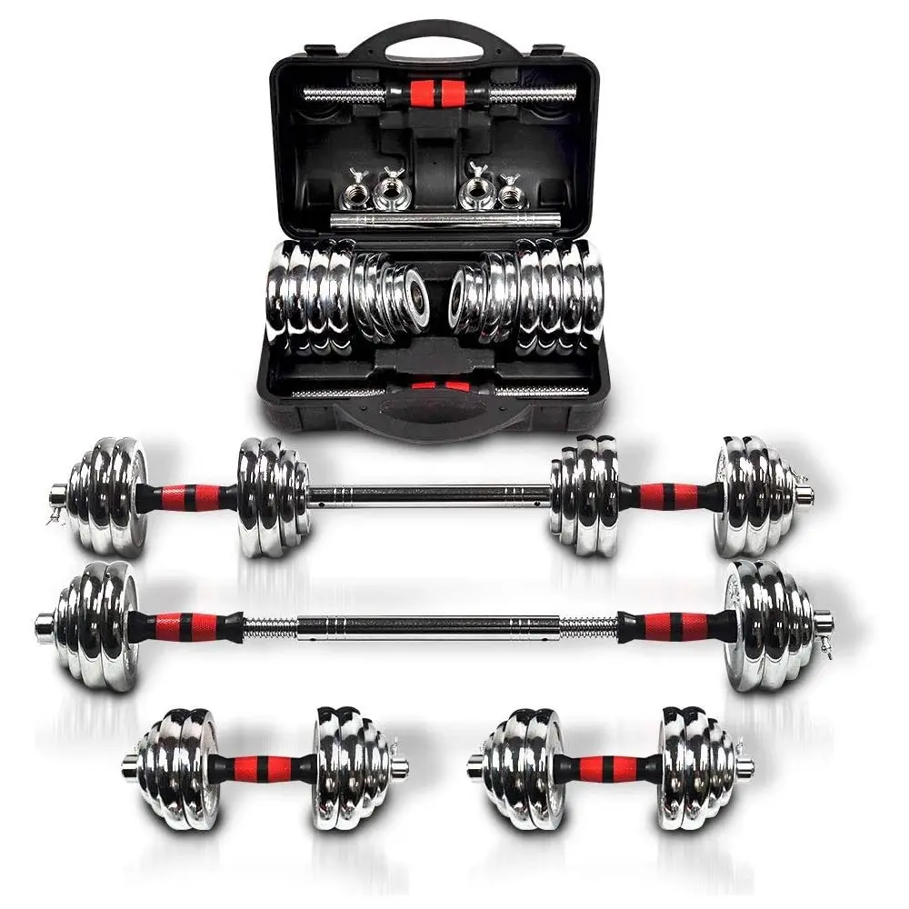 66LBS Adjustable Dumbbell Barbell Set - 3-in-1 Space-Saving Home Gym Equipment with Metal Connecting Rods, Chromed Steel Weight Plates, Ergonomic Non-Slip Grip, Hardcover Gift Box for Storage, Fitness Training Kit for Men Women Home Office Rehabilitation,