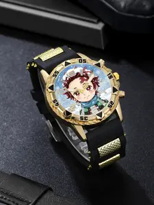 Ghost Slayer Trendy Gold Sporty Watch, Student Analog Quartz Watch, Perfect Gift for Daily Parties, Back-To-School, Anime Cosplay