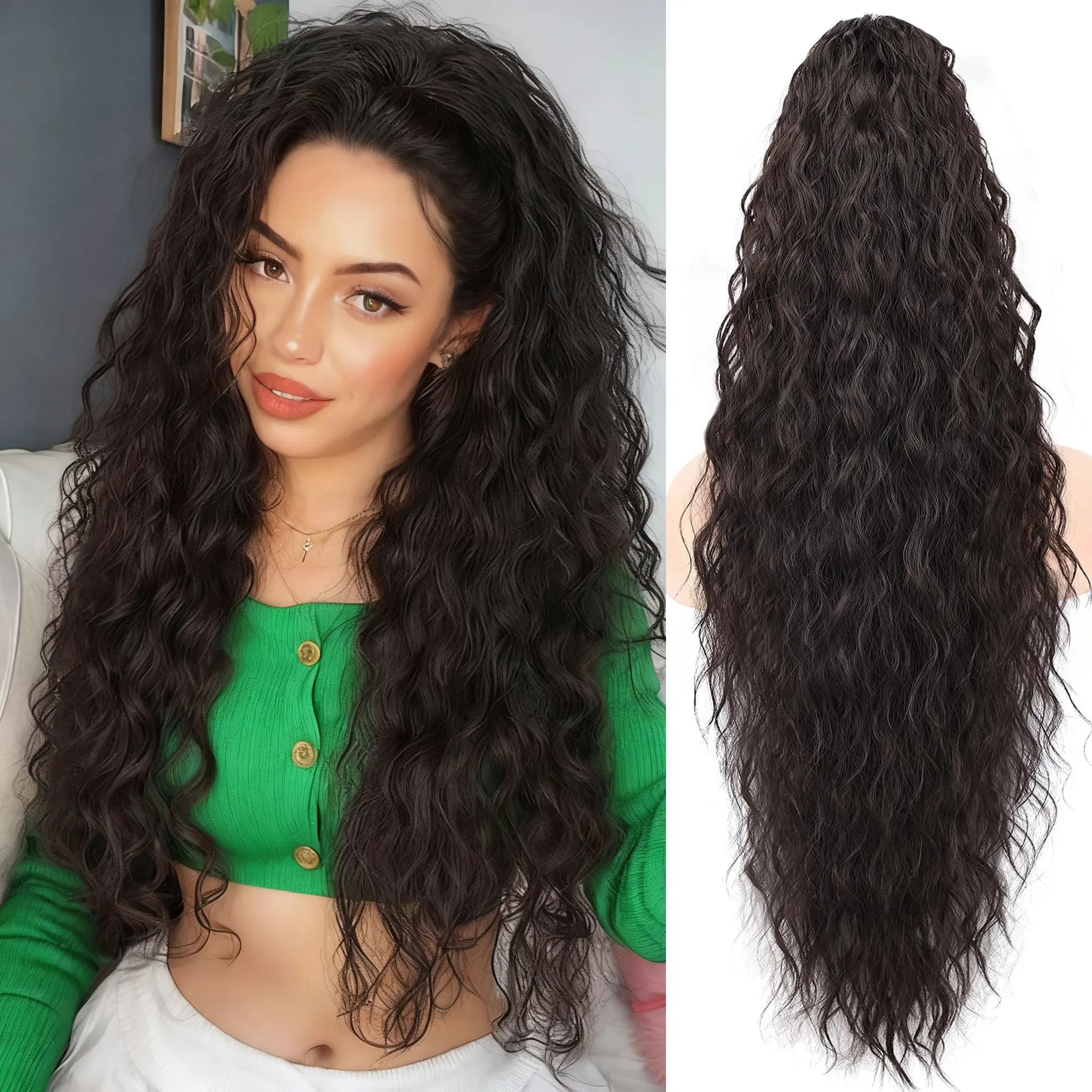Ailika 2-in-1 Claw Clip & Drawstring Ponytail Extension, 30 in Wavy Synthetic Hair Extensions, Premium Non-slip Wavy Hairpieces for Women’s Daily & Wedding Use, Seamless Natural Look Black Brown, Touch