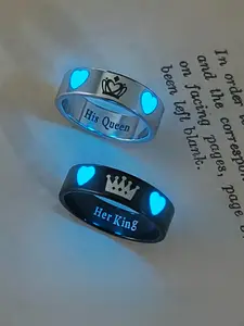 2 Pcs Glow-In-The-Dark Heart Crown Couple Rings, King Queen Alphabet Design, Ace Block Pattern, Fashion Jewelry for Women, Valentine Gift