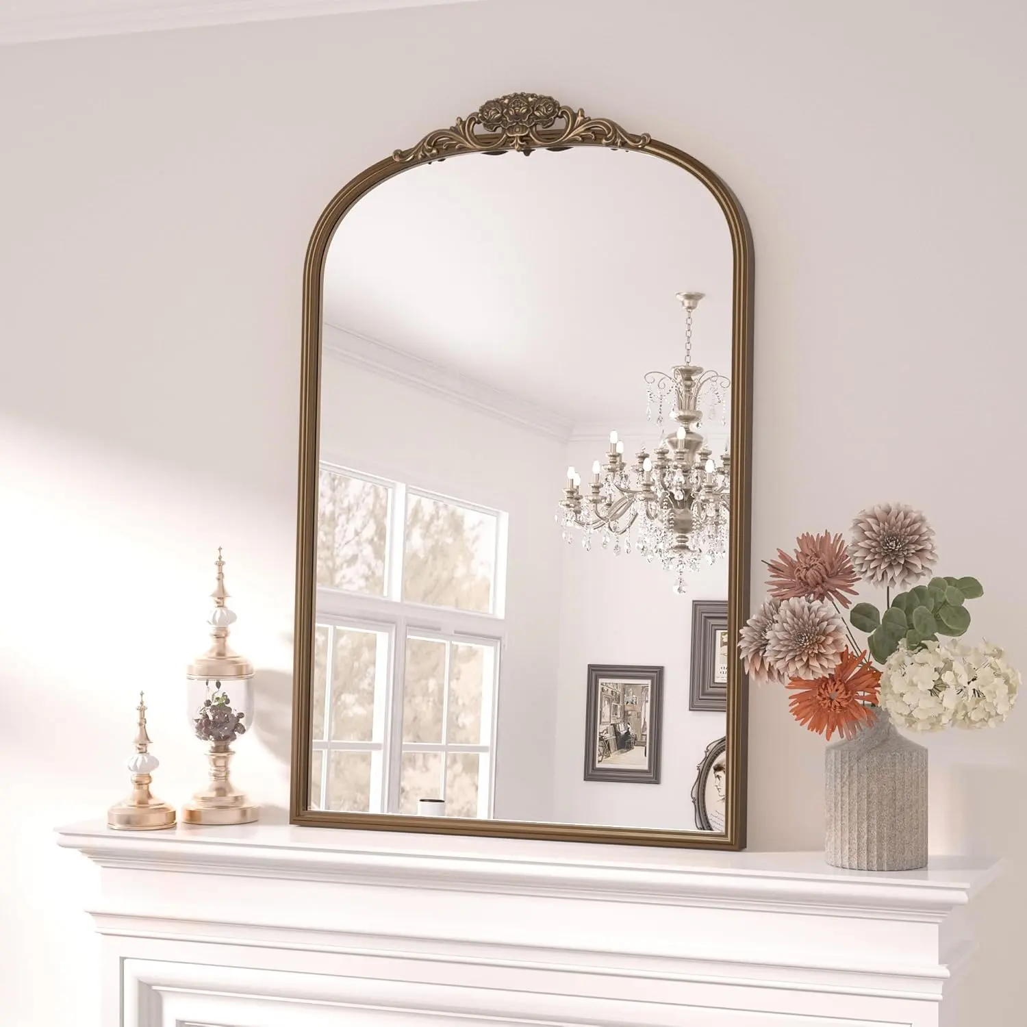Mirror  24" x 36", Arched Decorative Mirrors for Wall Decor, Antique Mirrors Bathroom, Ornate Baroque Brass Mirror for Mantle, Entryway, Living Room,  Cleat Mounting