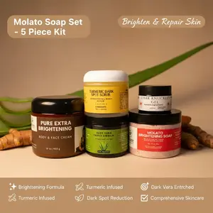 Molato Soap Set - 5 Pieces Brightening Body Cream 16 oz Turmeric Dark Spot Scrub 4 oz Aloe Vera Cream 4 oz Dark Knuckles Ge 1ozl for Comprehensive Skincare, Body Care, Skin Repair