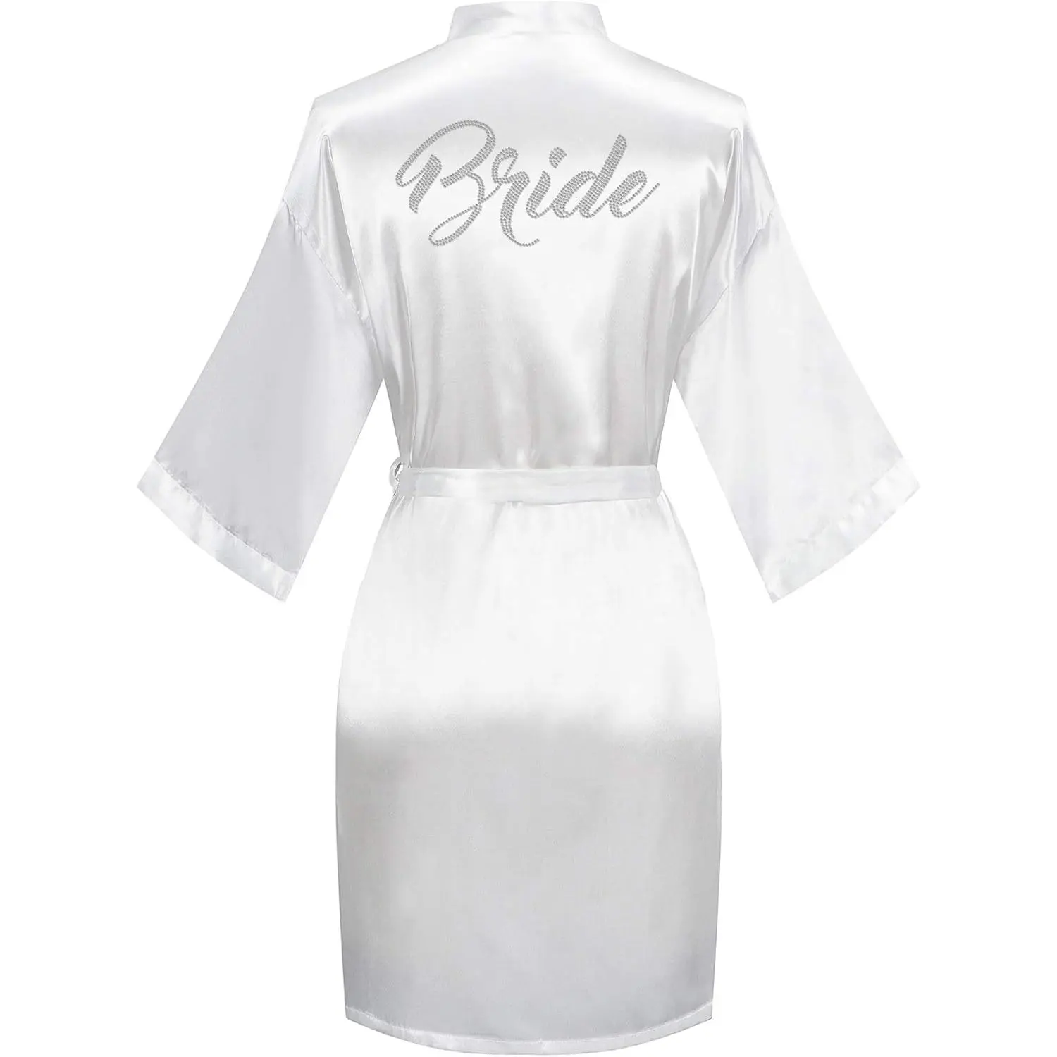 Women's Short Satin Kimono Robes One Size Silver Rhinestones Bride Bridesmaid for Wedding Party Getting Ready Adjustable Belt
