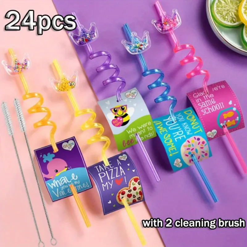 Set of 24 Glitter Crown Spiral Straws Multi-Color Reusable Plastic Drinking Accessories for Parties Food-Safe Decorative | Ideal for Halloween, Christmas, Valentine's Day, Thanksgiving & Graduation Celebration Straws | Playful Party Decor | Durable Straws