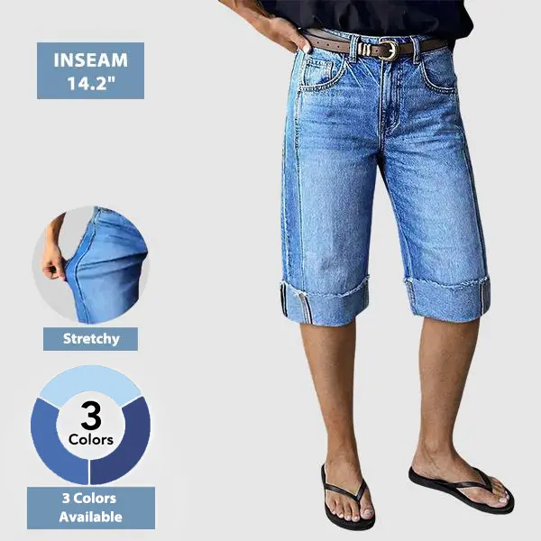 Flamingals Seam Front Roll Raw Hem Mid Rise Denim Bermuda Shorts Womenswear Stretchy 14.2" Inseam Summer Vibes